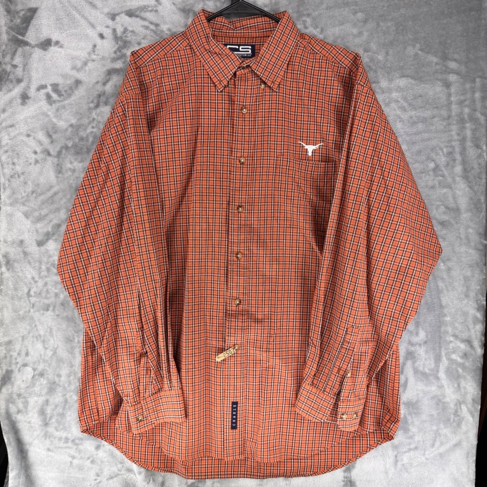 CRABLE SPORTSWEAR Mens XL Plaid Long Sleeve Button Up Shirt‎ Texas Longhorns
